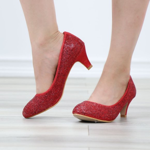 Red Sparkly Rhinestone Round Toe Slip On Low Heel Shows - Picture 10 of 12